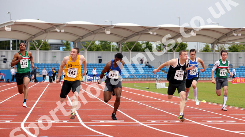 433 Ben Shields (Rotherham) beats 445 Jordan Toth (Holmfirth) and Ricardo Brown (Leeds City AC), under-20 mens 100 metres, Northern Championships, Sport City, Manchester